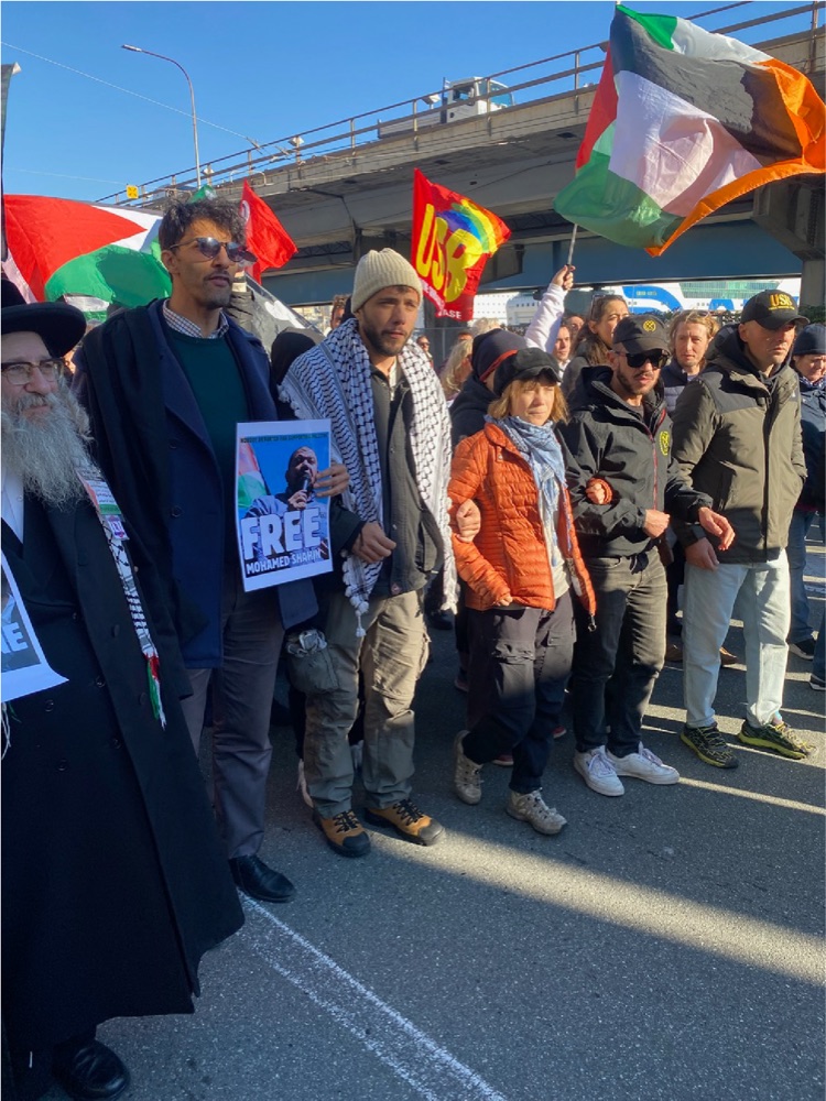 Demonstrators marching with Palestinian flags and 'Free' placards